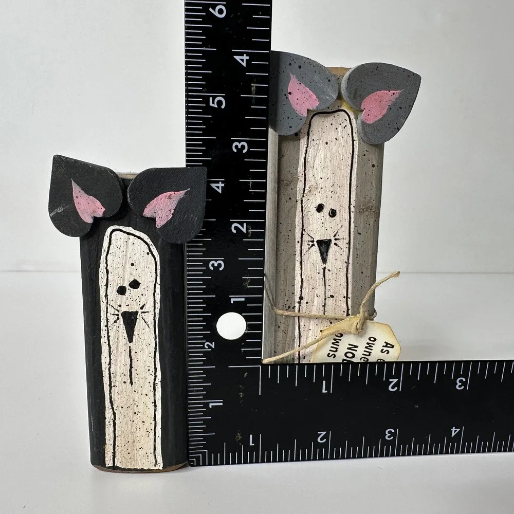2 Rustic Wood Block Cat Figurines Hand Painted‎ Primitive Folk Art Decor Gift